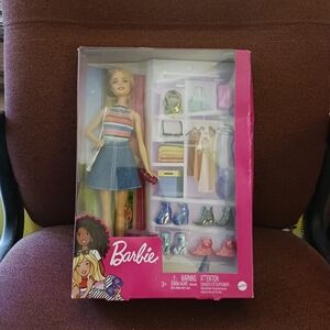 Barbie Striped Top Doll with Denim Skirt and Accessories